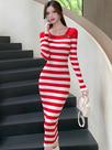 Vestido Midi Tricotado Para Mulheres Outono Inverno, Bodycon Listrado Com Manga Longa, Vestido De