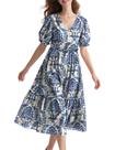 Vestido midi YESNO, floral de verão, decote em V, manga folhada, 2GG para mulheres