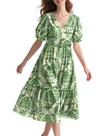 Vestido midi YESNO, floral de verão, decote em V, manga folhada, 2GG para mulheres