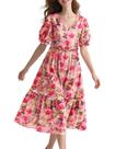 Vestido midi YESNO, floral de verão, decote em V, manga folhada, 2GG para mulheres