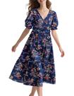 Vestido midi YESNO, floral de verão, decote em V, manga folhada para mulheres