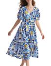 Vestido midi YESNO, floral de verão, decote em V, manga folhada para mulheres