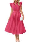 Vestido midi ZESICA 2025 Summer Boho com botão e decote em V com bolsos