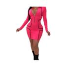 Vestido Mini Bodycon Feminino Com Zíper, Gola Alta E Decote Em V, Manga Longa, Casual Para Festas E