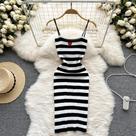 Vestido Mini Bodycon Sexy Feminino Com Listras Bordadas E Alças Finas Em Tricô