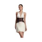 Vestido Mini Branco De Renda Com Patchwork E Costas Abertas Feminino Verão 2026 Decote V Profundo
