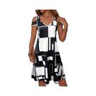 Vestido Mini Casual De Verão Para Mulheres, Off-Shoulder, Decote Em V, Padrão Geométrico, Vestido