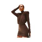 Vestido Mini Elegante Com Decote Alto E Ombros Almofadados Para Mulheres, Ideal Para Escritório E