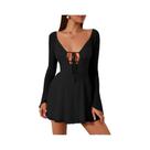 Vestido Mini Feminino Slim Fit Sólido Com Bandagem, Manga Comprida, Vazado, Estilo Império, Para Vestido Mini Feminino Slim Fit Sólido Com Bandagem, Manga Comprida, Vazado, Estilo Império, Para
