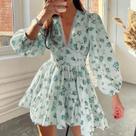 Vestido Mini Floral De Cintura Alta Para Mulheres, Verão E Outono, Manga Longa, Decote Em V, Estilo