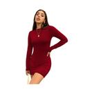 Vestido Mini Plissado Feminino Slim Fit Com Gola Alta E Manga Longa, Bodycon Franzido Para Festas E
