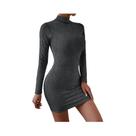Vestido Mini Plissado Feminino Slim Fit Com Gola Alta E Manga Longa, Bodycon Franzido Para Festas E