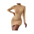 Vestido Mini Plissado Feminino Slim Fit Com Gola Alta E Manga Longa, Drapeado, Justo Ao Corpo, Para