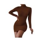 Vestido Mini Plissado Feminino Slim Fit Com Gola Alta E Manga Longa, Justo Ao Corpo, Para Festas E
