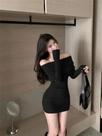 Vestido Mini Preto De Manga Longa E Ombros Descobertos Para Mulheres, Elegante Vestido Bodycon De