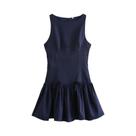 Vestido Mini Sem Mangas Com Babados Para Mulheres, Decote Redondo, Laços Nas Costas, Zíper, Moda Vestido Mini Sem Mangas Com Babados Para Mulheres, Decote Redondo, Laços Nas Costas, Zíper, Moda