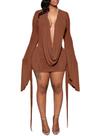 Vestido mini sexy feminino SHINFY sem costas, com drapeado em mesh, gola boba, manga longa e saia evasê para sair, vestido de coquetel marrom