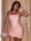Vestido Mini Sexy Rosa Em Tule Com Franjas De Plumas E Mangas Compridas Transparente Para Festas De