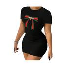 Vestido Mini Slim Fit Com Estampa De Abelha Para Mulheres, Casual, Decote Redondo, Manga Curta