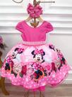 Vestido Minnie Rosa Florido Strass Cinto de Pérolas Infantil