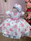 Vestido Miss Cherry Chapeu Azul Bebe Flores e Borboletas com Laço Vestido Miss Cherry Chapeu Azul Bebe Flores e Borboletas com Laço