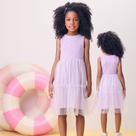 Vestido Momi Algodão Canelado com Saia Tule e Brilhos Lilás