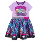 Vestido Monster High xadrez roxo para meninas de 7 a 8 anos