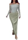 Vestido NRTHYE Mesh Off Shoulder, manga comprida, franzido, maxi feminino
