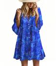 Vestido Opemiby 2026 Verão Mini Azul Floral com Decote V