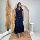 Vestido Plus Size Linho com Botões Moda Feminina