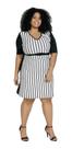 Vestido Plus Size Listrado E Preto - Decote V E Conforto