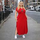 Vestido Plus Size Longo Com Fenda Em Viscolycra Com Elasticidade Decote Gola Em V Moda Verão