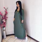Vestido Plus Size Longo Manga 3/4 Viscolycra Malha com Bolso Verde Oliva Vestido Plus Size Longo Manga 3/4 Viscolycra Malha com Bolso Verde Oliva