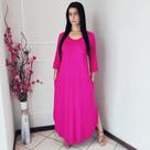 Vestido Plus Size Longo Manga Tres Quartos Viscolycra Malha com Bolso Azul Marinho