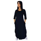Vestido Plus Size Longo Manga Tres Quartos Viscolycra Malha com Bolso Preto Vestido Plus Size Longo Manga Tres Quartos Viscolycra Malha com Bolso Preto