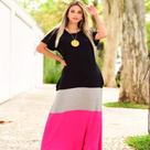 Vestido Plus Size Longo Manga Viscolycra Malha com Bolso Tricolor Preto Cinza e Pink Vestido Plus Size Longo Manga Viscolycra Malha com Bolso Tricolor Preto Cinza e Pink