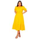 Vestido plus size manga curta midi com cinto e saia evase em crepe elegante com forro