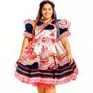 Vestido Plus Size São Joao Feminino Adulto Super Luxo Festa Junina Azul Marinho com Avental Floral e Bolsinha