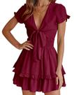 Vestido PRETTYGARDEN 2025 Cuello en V Manga Corta Mini Vino Rojo XL