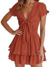 Vestido PRETTYGARDEN 2025 Decote V Manga Curta Laço L - Vermelho Vestido PRETTYGARDEN 2025 Decote V Manga Curta Laço L - Vermelho