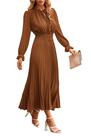 Vestido PRETTYGARDEN 2025 Midi Manga Longa Plissado Marrom P Vestido PRETTYGARDEN 2025 Midi Manga Longa Plissado Marrom P