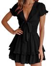 Vestido PRETTYGARDEN 2025 Preto com Laço Decote V Mini XXL Vestido PRETTYGARDEN 2025 Preto com Laço Decote V Mini XXL
