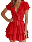 Vestido PRETTYGARDEN 2025 Rojo con Escote en V y Manga Corta Talla L
