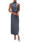 Vestido PRETTYGARDEN 2025 Sem Mangas Gola Alta Cetim Cinza Azul M