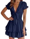 Vestido PRETTYGARDEN 2025 Verão Mini Azul Marinho com Decote V e Laço Tamanho S