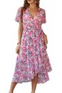 Vestido PRETTYGARDEN Envelope Decote V Floral Cinto Longo Rosa M