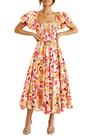 Vestido PRETTYGARDEN Floral Naranja Rojo Cuello Cuadrado Manga Abullonada XL