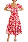 Vestido PRETTYGARDEN Floral Vermelho com Mangas Bufantes Midi - M
