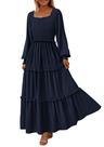 Vestido PRETTYGARDEN Manga Longa com Decote Quadrado e Franzido Azul Marinho G