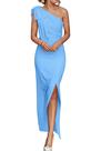Vestido PRETTYGARDEN Maxi Azul Céu Ombro Único Sem Mangas Franzido Tam S
